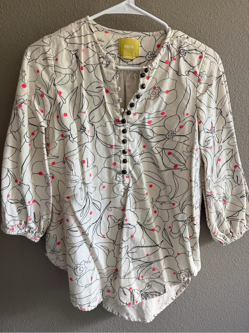 Maeve Cream Button-Front Floral Shirt with Pink Dot Accents